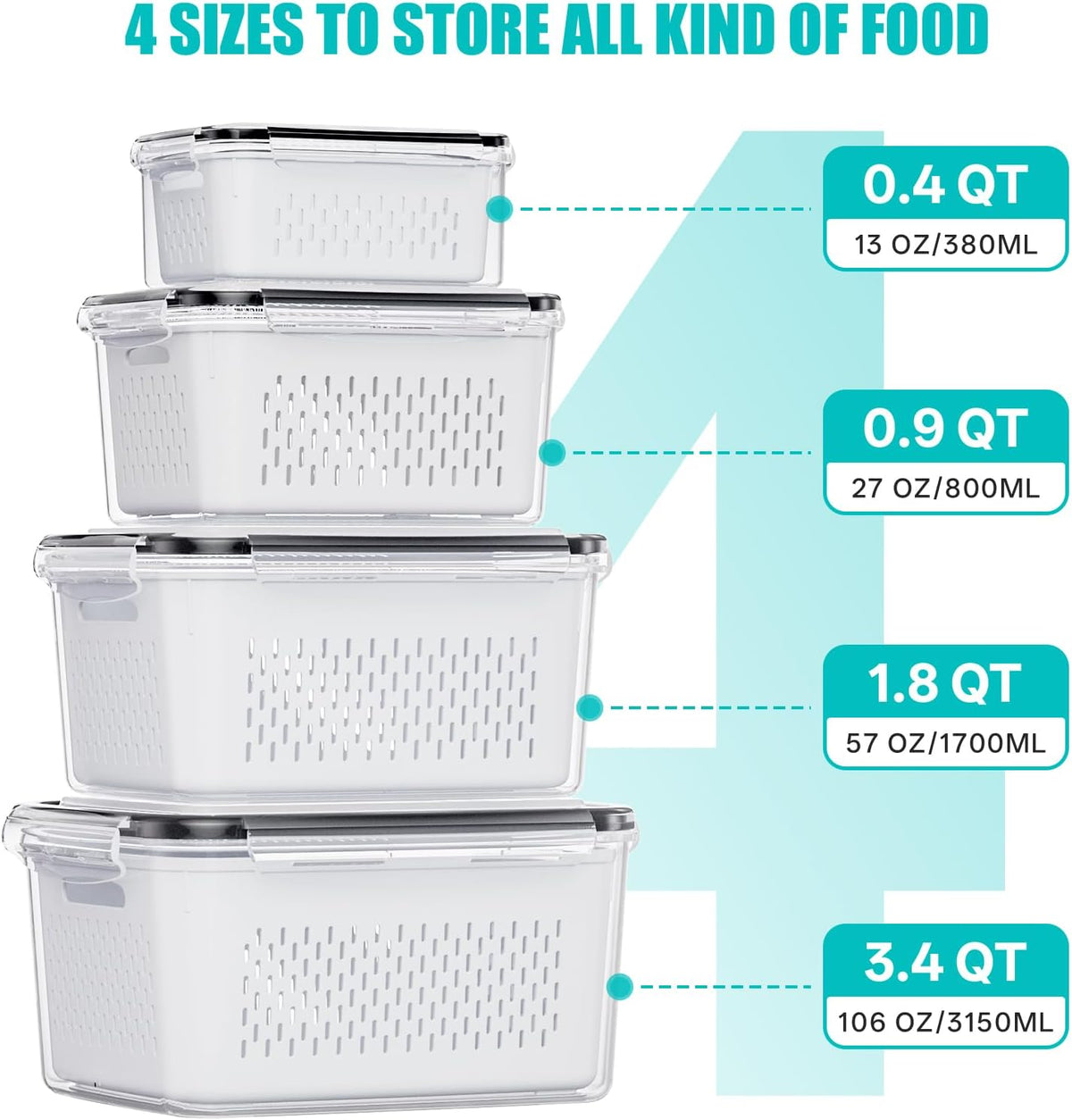 4 Pack Fruit Storage Containers for Fridge Set, BPA Free Produce Containers - ECOLOOM LLC4 Pack Fruit Storage Containers for Fridge Set, BPA Free Produce ContainersECOLOOM LLCECOLOOM LLC