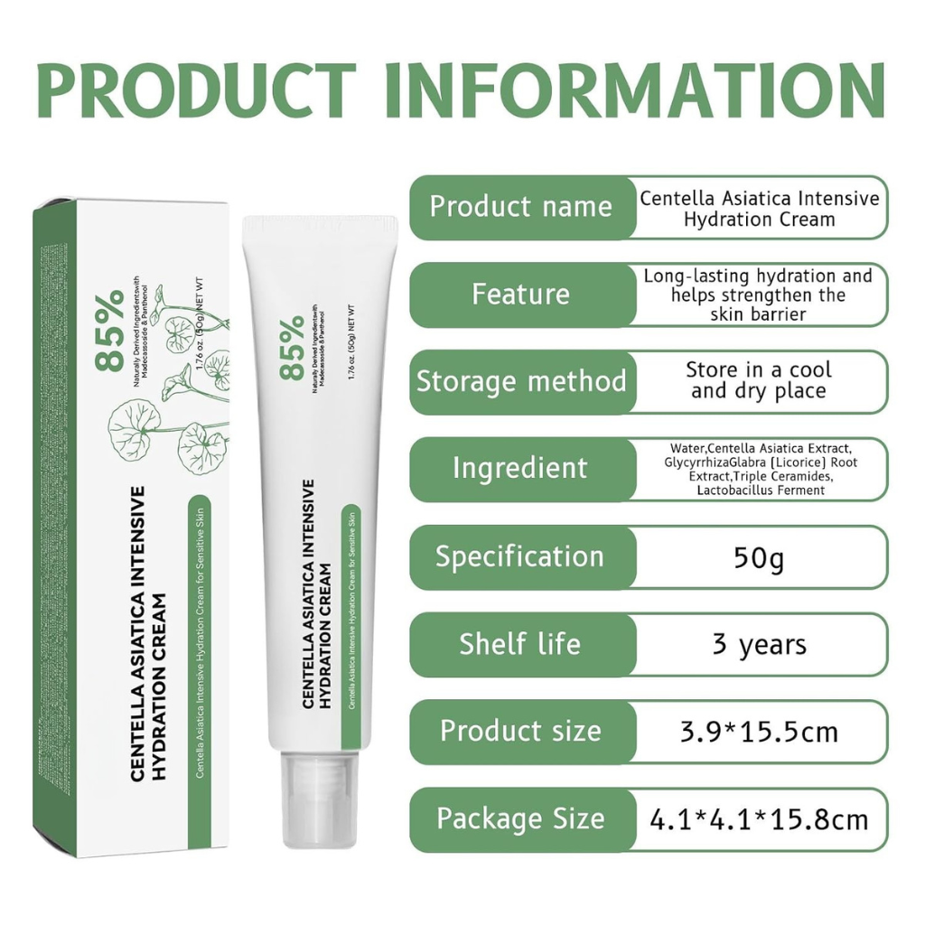 Centella Asiatica Cream for Sensitive Skin, 85% Natural Moisturizer, Intensive Hydration & Repair, 50g